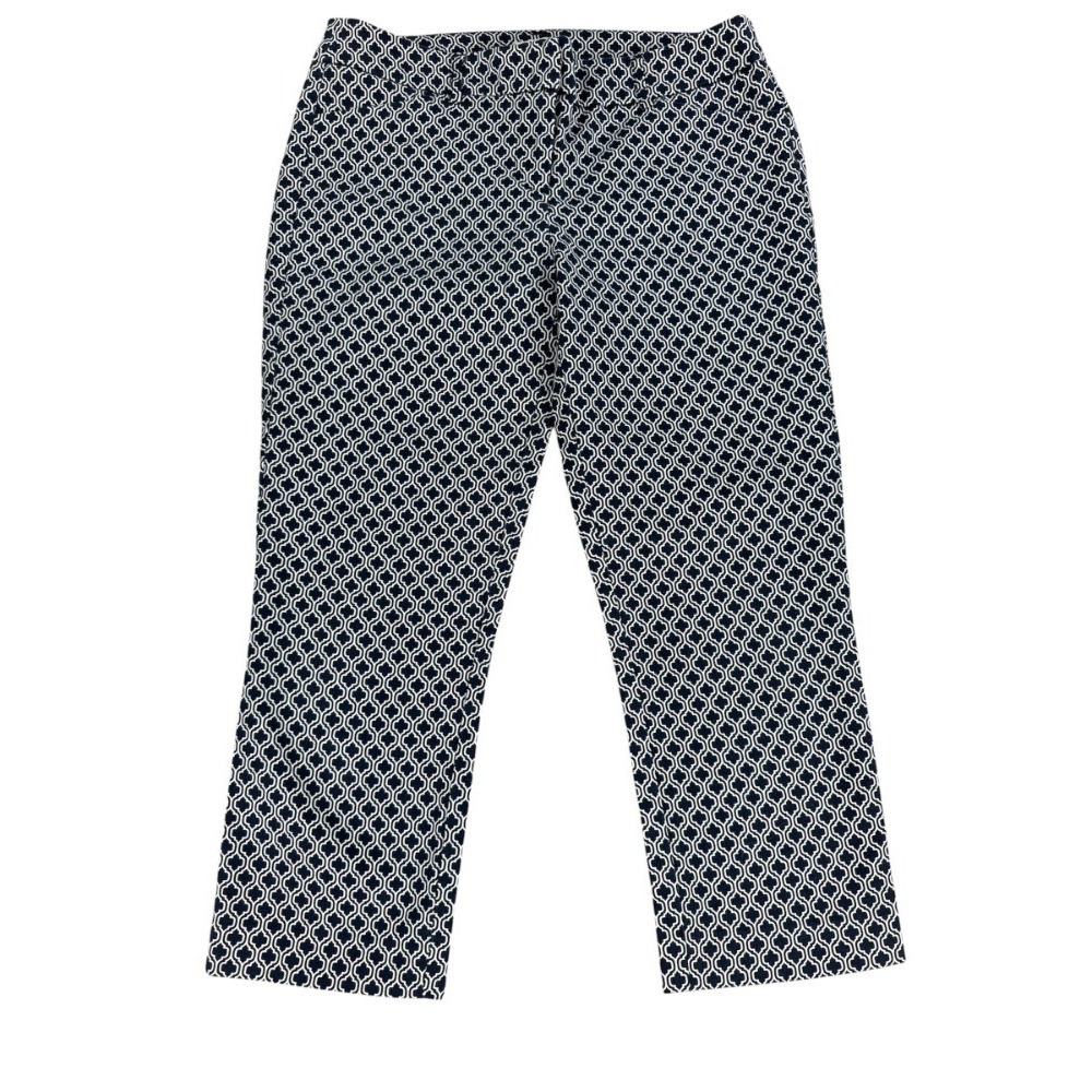 Adrienne Vittadini Navy White Geometric Print Ankle Pants Womens 4 Stretch
